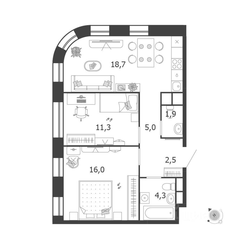 2-комн. квартира, 59,7 м², в ЖК Жилой квартал Shagal