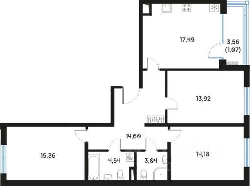 3-комн. квартира, 84,7 м², в ЖК Регенбоген