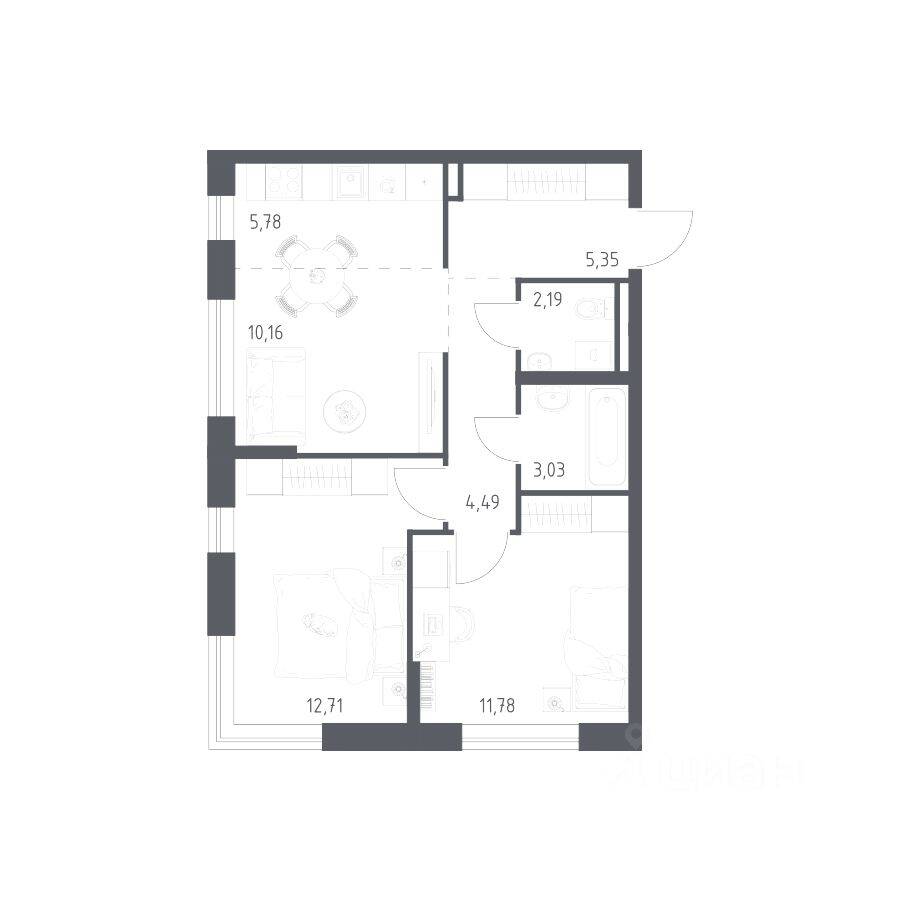 2-комн. квартира, 55,49 м², в ЖК Квартал Авиаторов