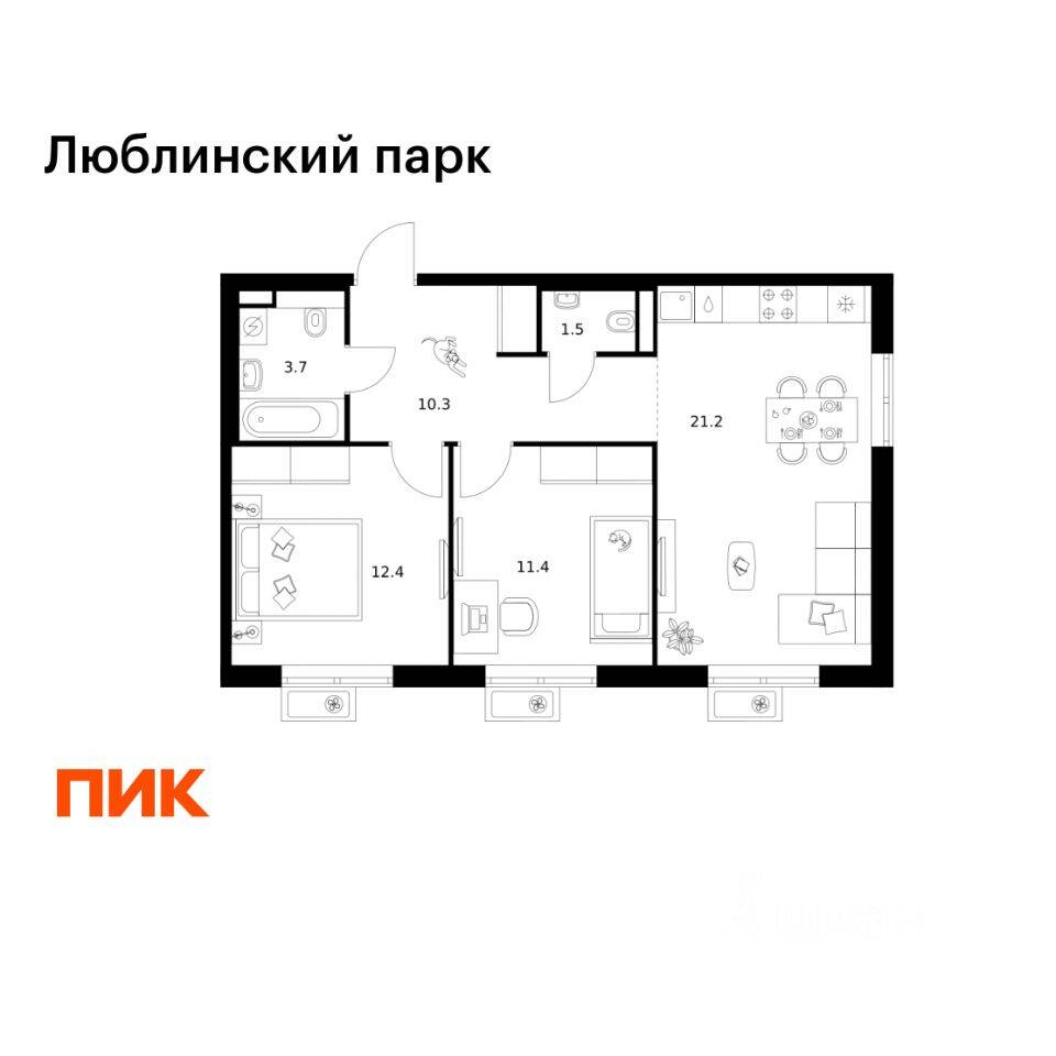 2-комн. квартира, 60,5 м², в ЖК «Люблинский парк»