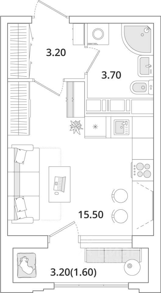 Квартира-студия, 24,1 м², в ЖК Тайм Сквер