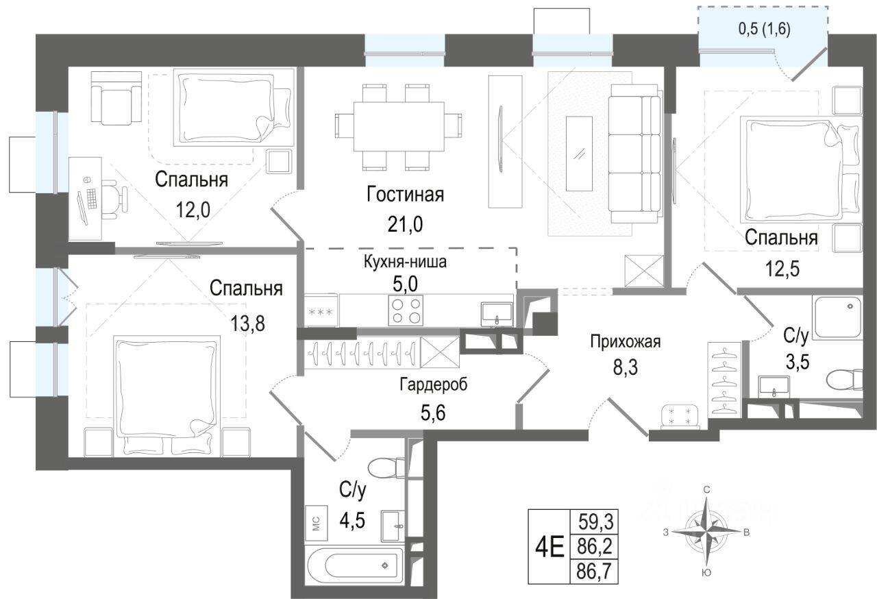 4-комн. квартира, 86,2 м², в ЖК Киноквартал