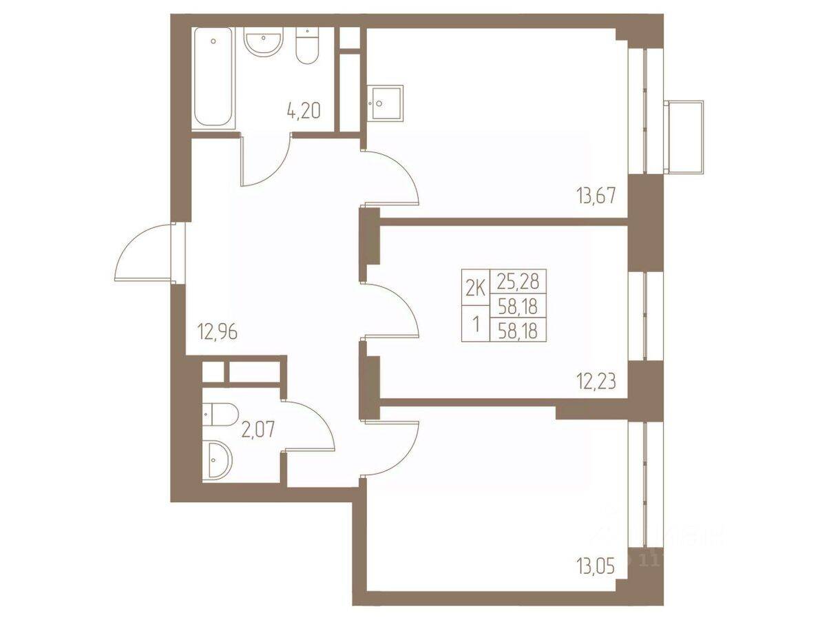2-комн. квартира, 58,18 м², в ЖК Фабрикант