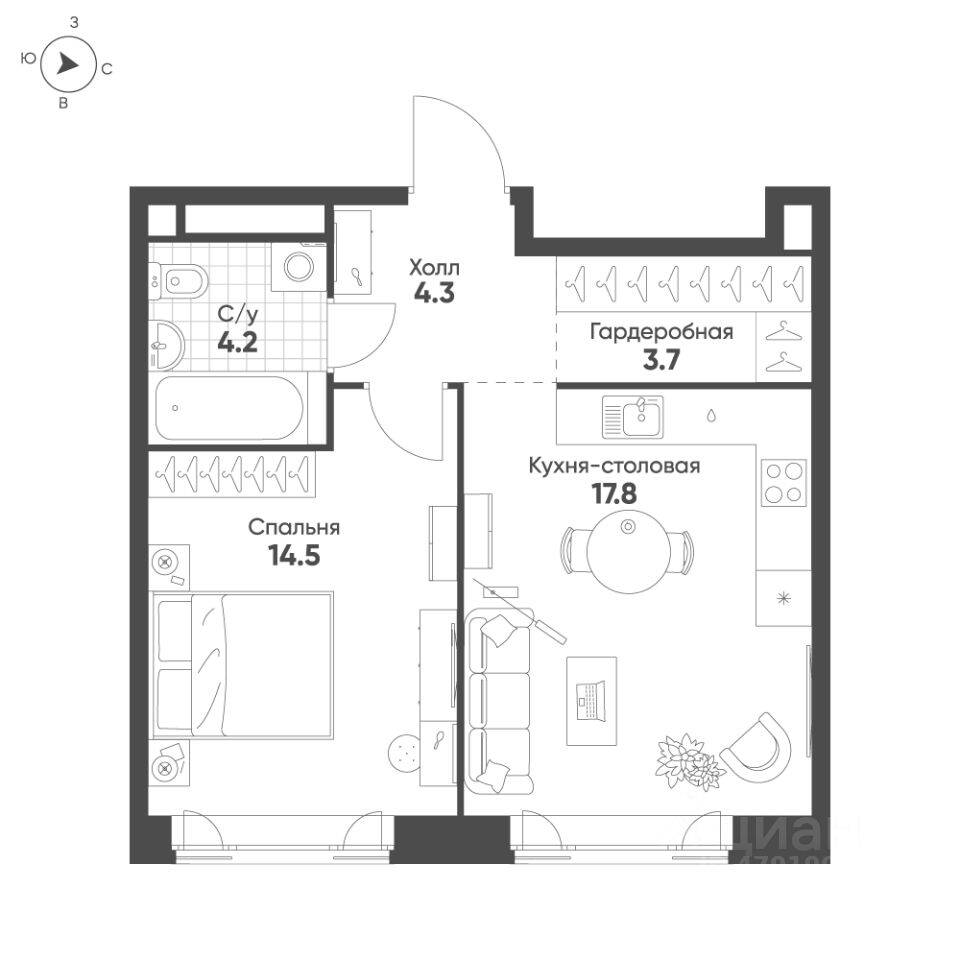 1-комн. квартира, 44,5 м², в ЖК MariInn Park