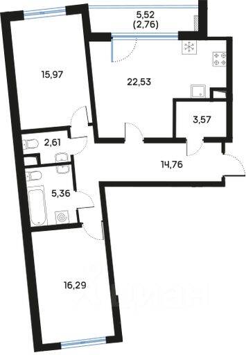2-комн. квартира, 83,98 м², в ЖК Регенбоген