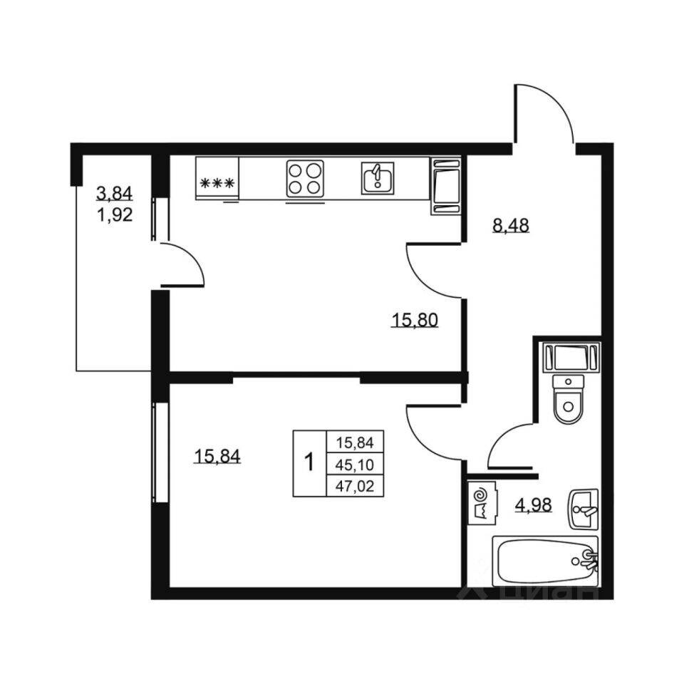 1-комн. квартира, 47,02 м², в ЖК «Высота» (Бугры)