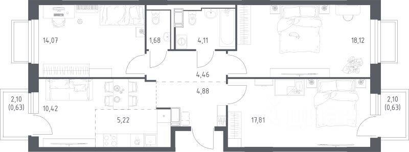 3-комн. квартира, 82,03 м², в ЖК Томилино Парк