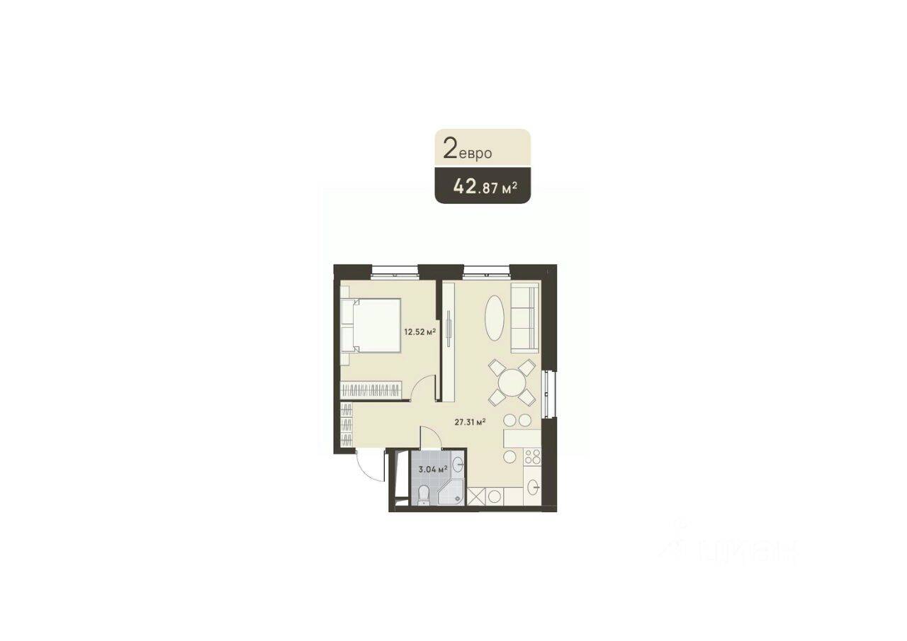 1-комн. квартира, 42,87 м², в ЖК «Дюна»