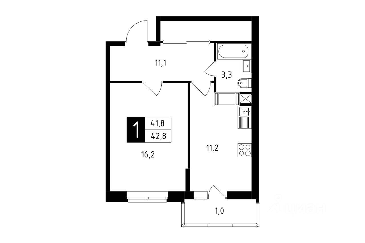 1-комн. квартира, 42,8 м², в ЖК Красная горка