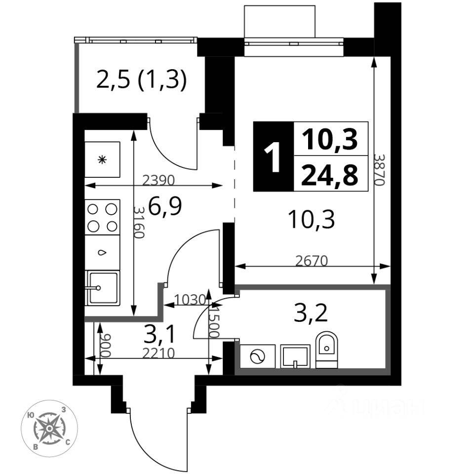 1-комн. квартира, 25,2 м², в ЖК «Южная Битца»