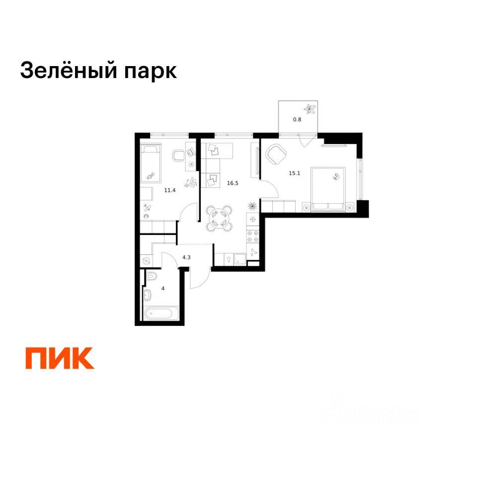 2-комн. квартира, 52,1 м², в ЖК Зеленый парк