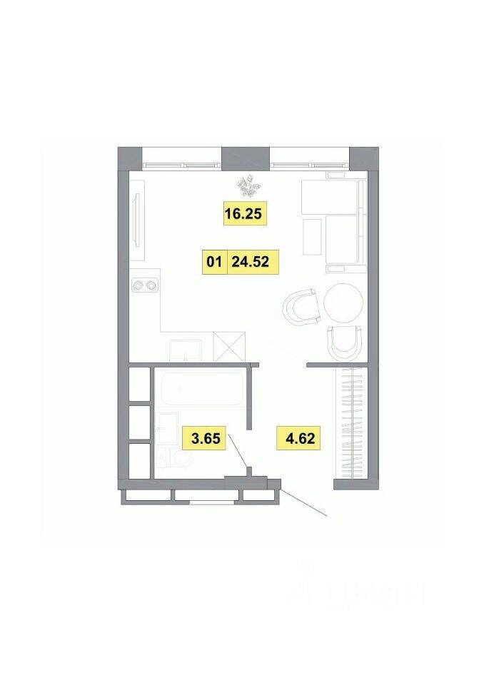 Планировка 1 комнатной квартиры, 24.52 м², в «Радость»