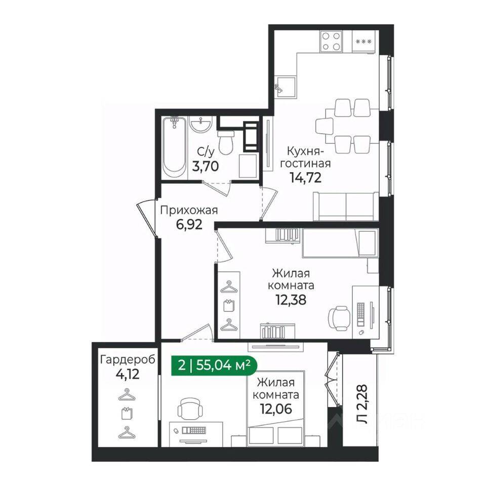 2-комн. квартира, 55,04 м², в ЖК Sertolovo Park