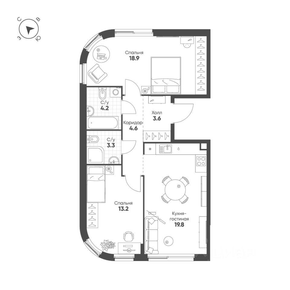 2-комн. квартира, 67,6 м², в ЖК Жилой квартал Shagal