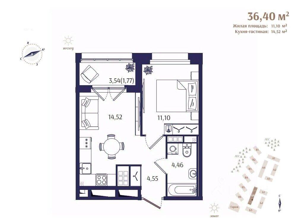 1-комн. квартира, 36,4 м², в ЖК Ranta Residence