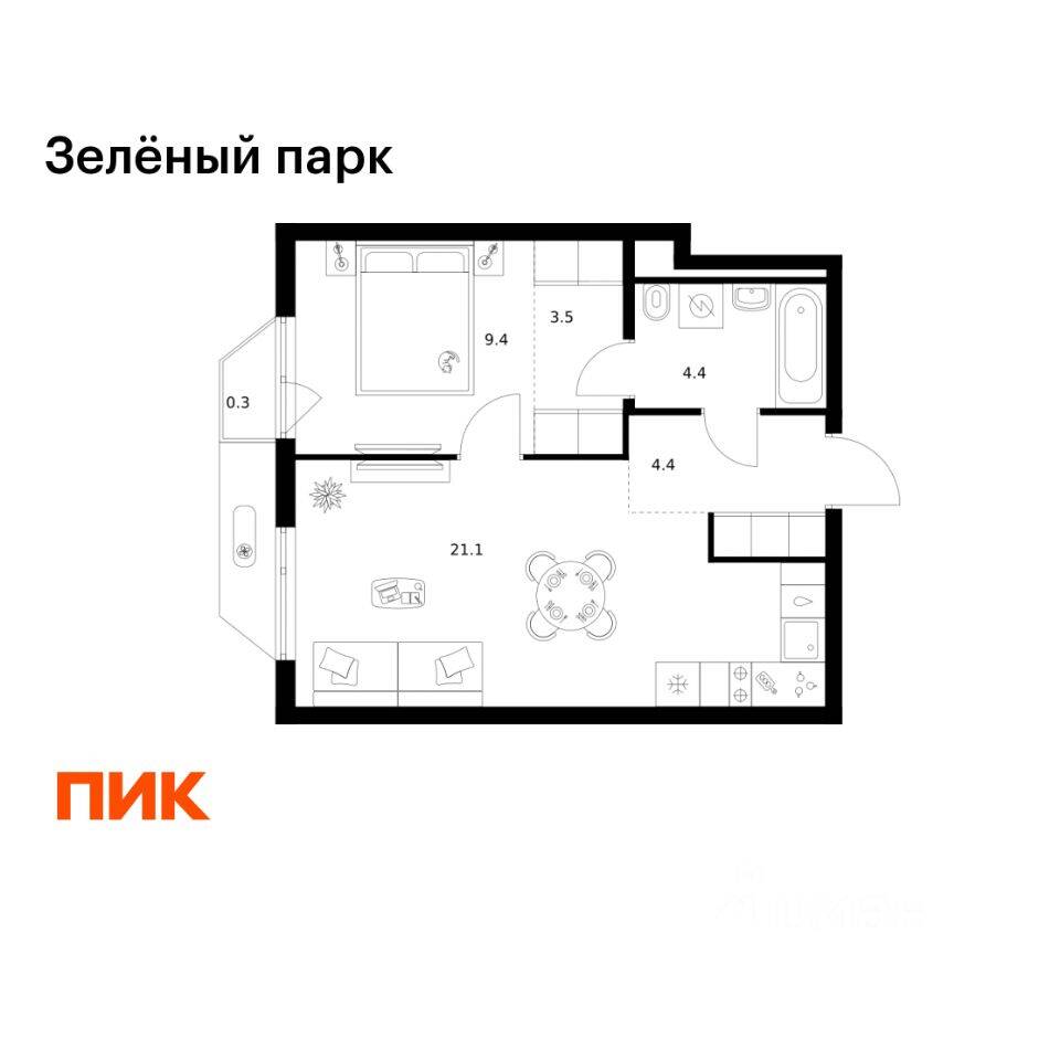 1-комн. квартира, 43,1 м², в ЖК Зеленый парк