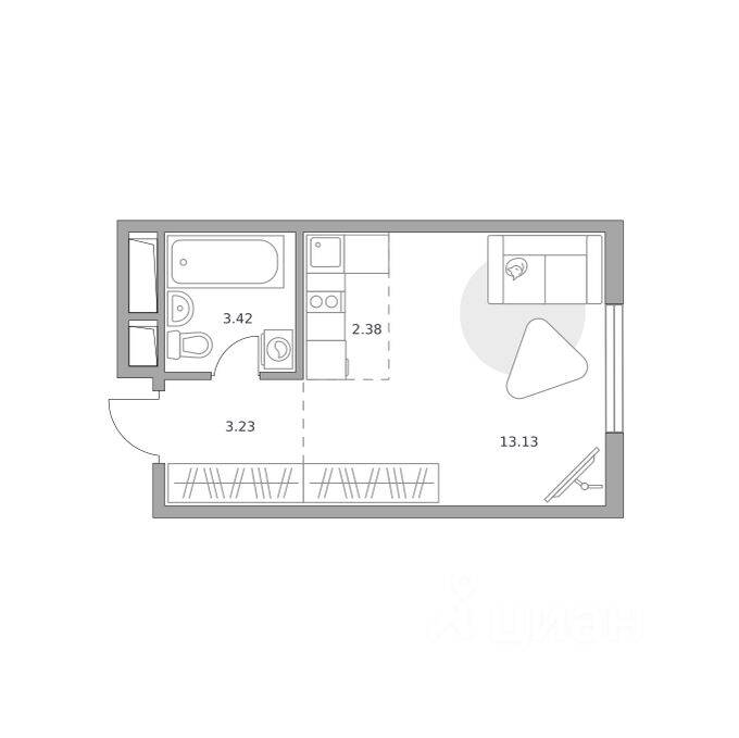 Планировка 1 комнатной квартиры, 22.16 м², в «Аникеевский»
