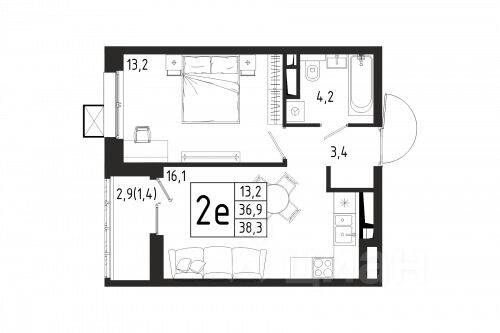 1-комн. квартира, 38,3 м², в ЖК «Берег»