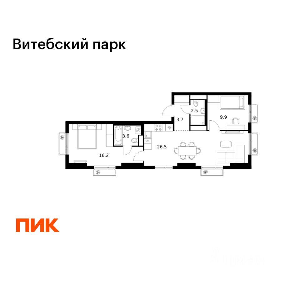 2-комн. квартира, 62,4 м², в ЖК Витебский парк