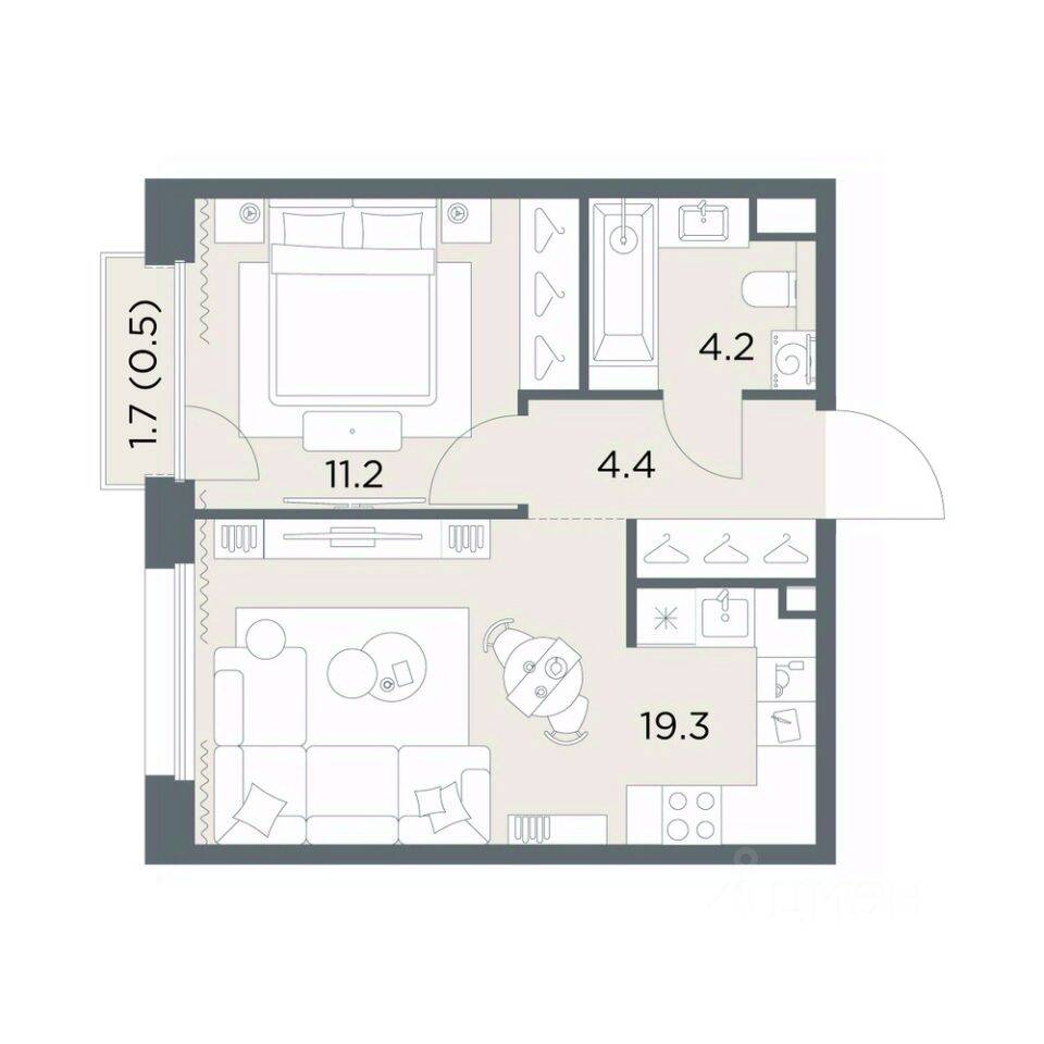 Планировка 1 комнатной квартиры, 39.6 м², в «Станиславский»