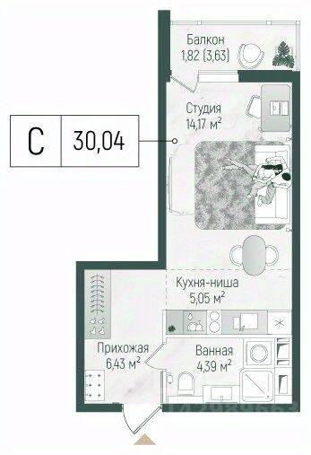 Планировка 1 комнатной квартиры, 31.3 м², в «Riga Hills»