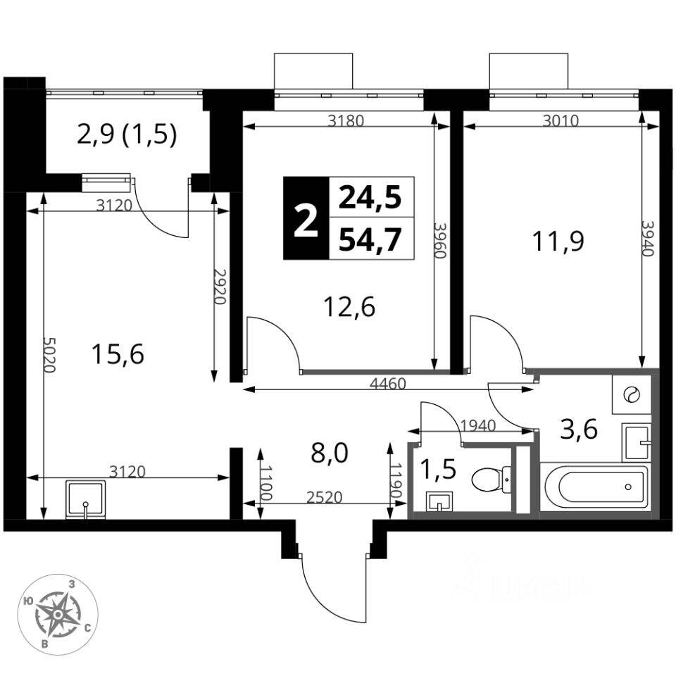 2-комн. квартира, 54,7 м², в ЖК 1-й Донской