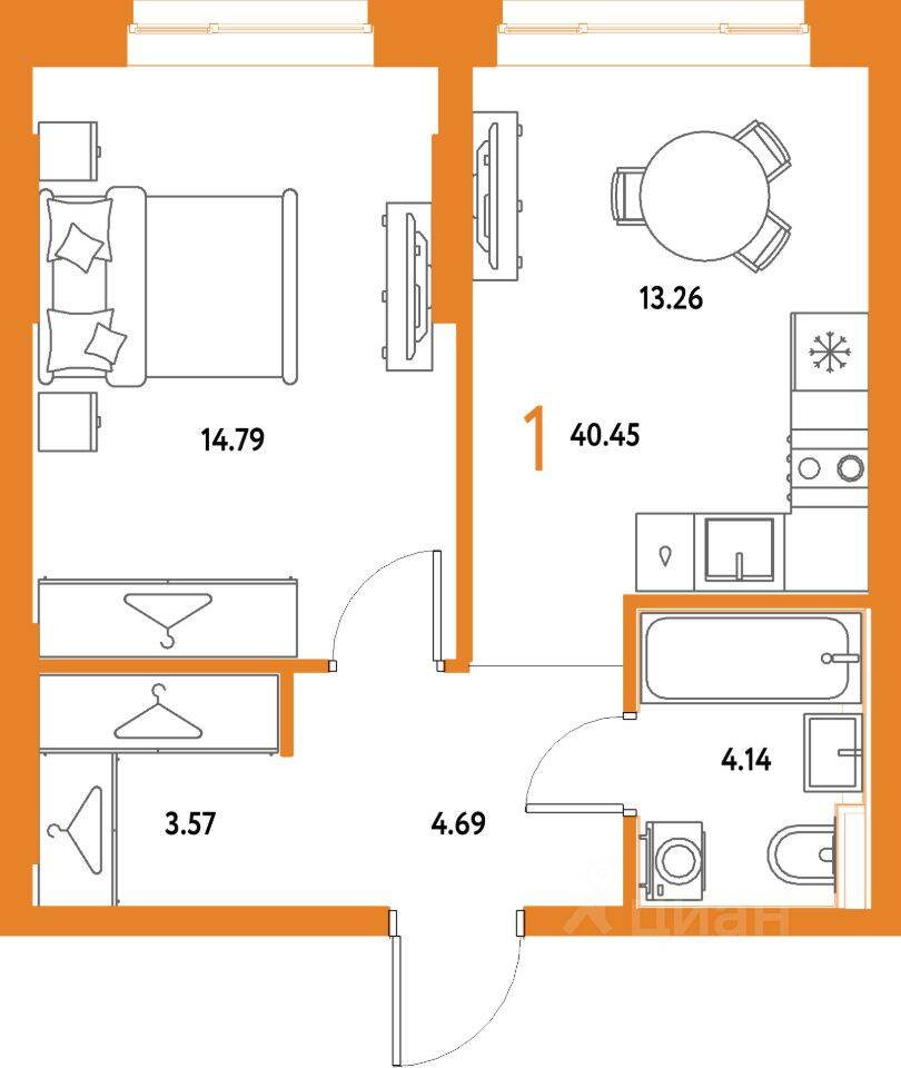 1-комн. квартира, 40,45 м², в ЖК Страна.Парковая