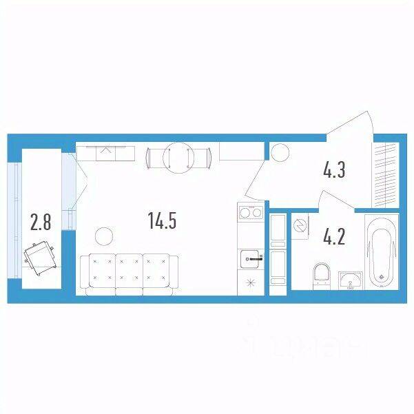 Планировка 1 комнатной квартиры, 24.4 м², в «Aerocity 4»