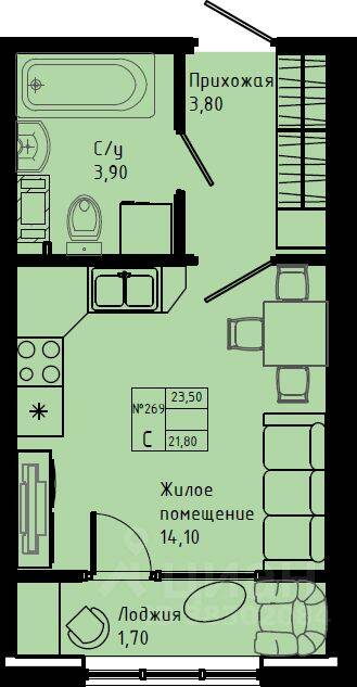 Планировка 1 комнатной квартиры, 23.5 м², в «Pixel»