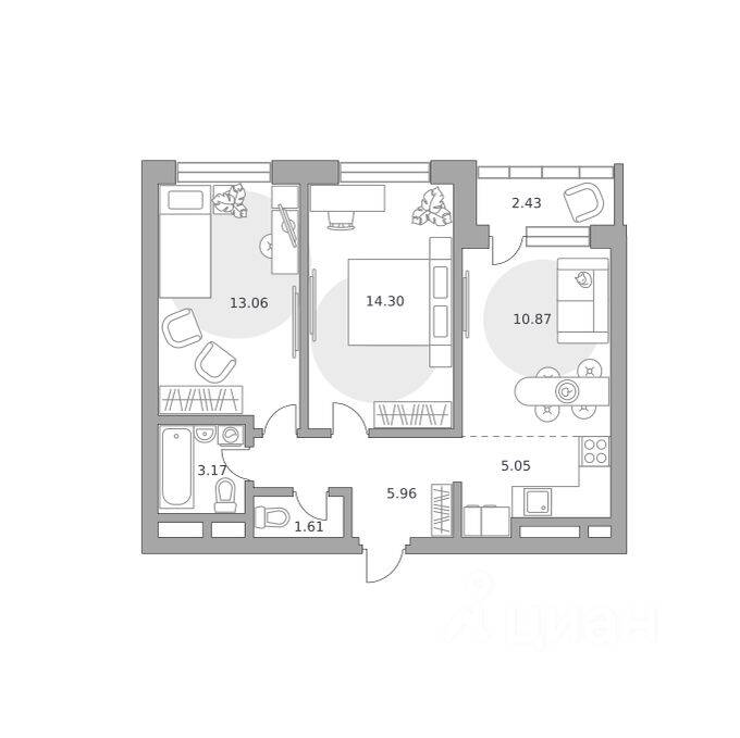 3-комн. квартира, 56,45 м², в ЖК Ильинойс