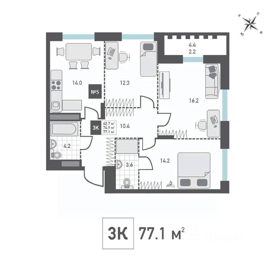 3-комн. квартира, 77,1 м², в ЖК Зеленоград Ривьера