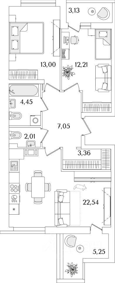 Планировка 2 комнатной квартиры, 69.3 м², в «Лайнеръ»