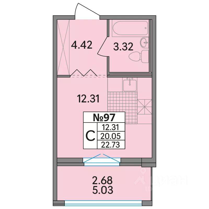 Планировка 1 комнатной квартиры, 22.73 м², в «Рождественский квартал»