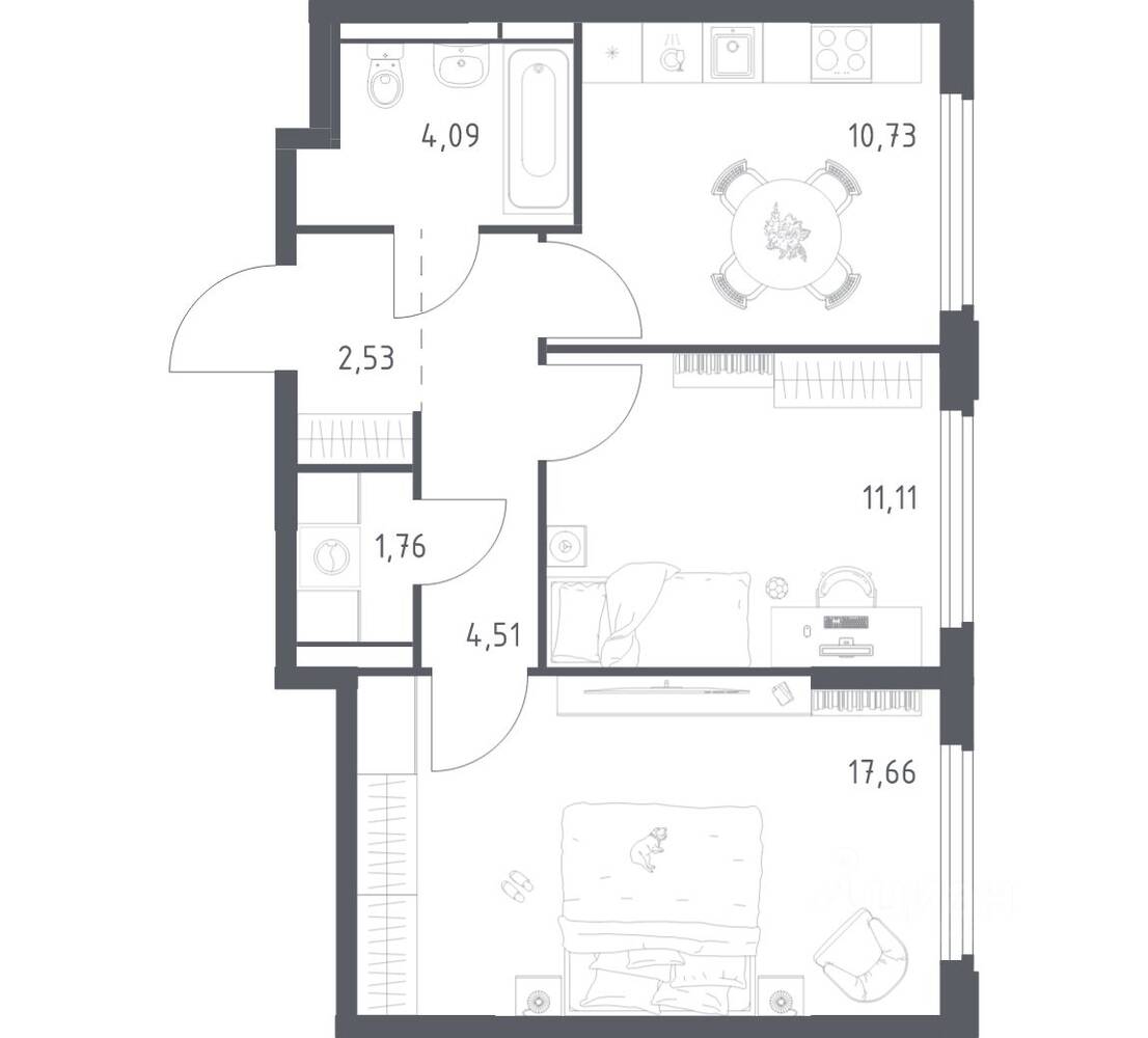 2-комн. квартира, 52,39 м², в ЖК Космический Квартал