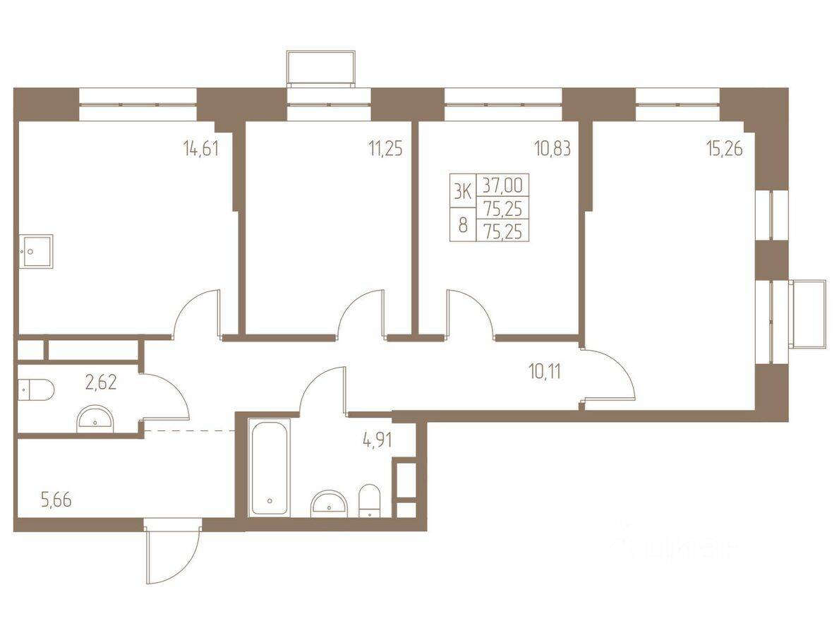 3-комн. квартира, 75,25 м², в ЖК Фабрикант