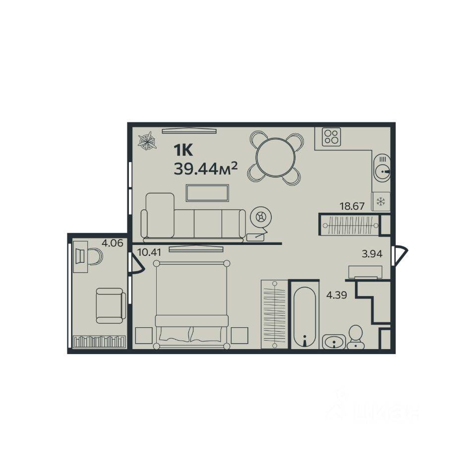 1-комн. квартира, 39,44 м², в ЖК «Эдельвейс» (Выборг)