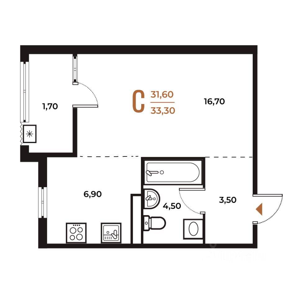 Квартира-студия, 33,5 м², в ЖК Новое Летово