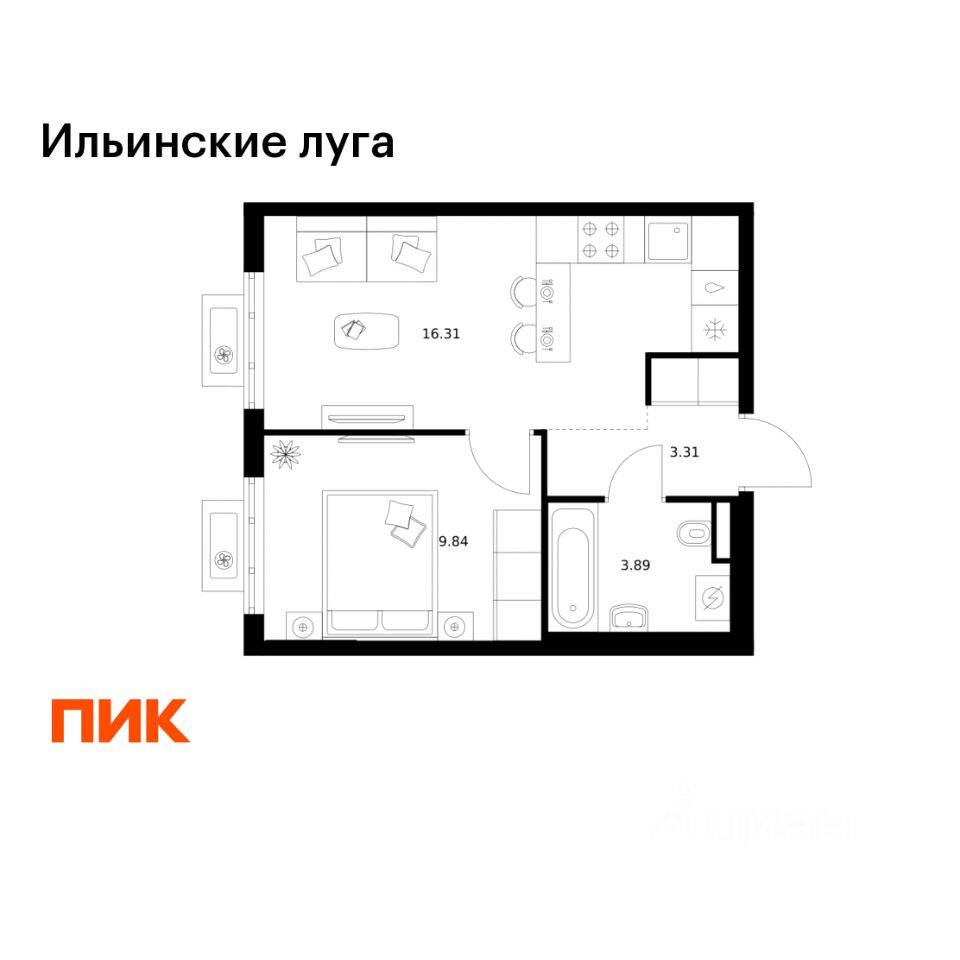 1-комн. квартира, 33,35 м², в ЖК «Ильинские луга»