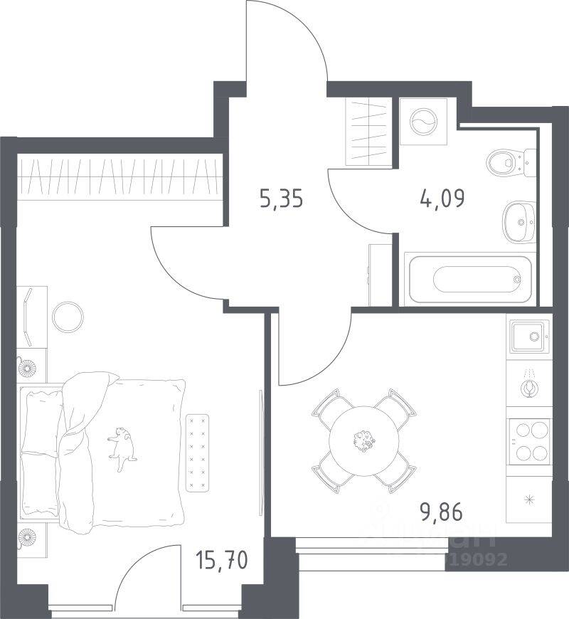 Планировка 1 комнатной квартиры, 35 м², в «Прибрежный Парк»