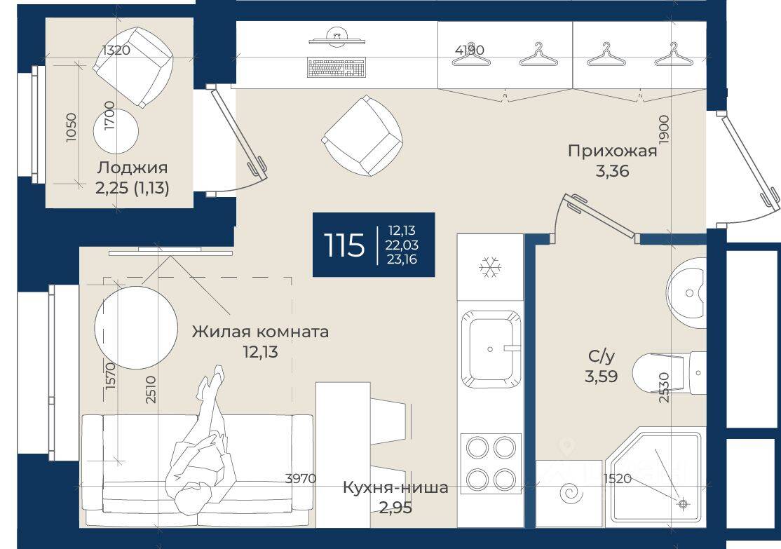 Квартира-студия, 23,16 м², в ЖК «Новатория»