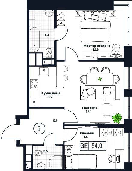 3-комн. квартира, 54 м², в ЖК Пушкино Град