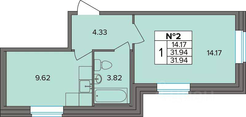 Планировка 1 комнатной квартиры, 31.94 м², в «Капральский»