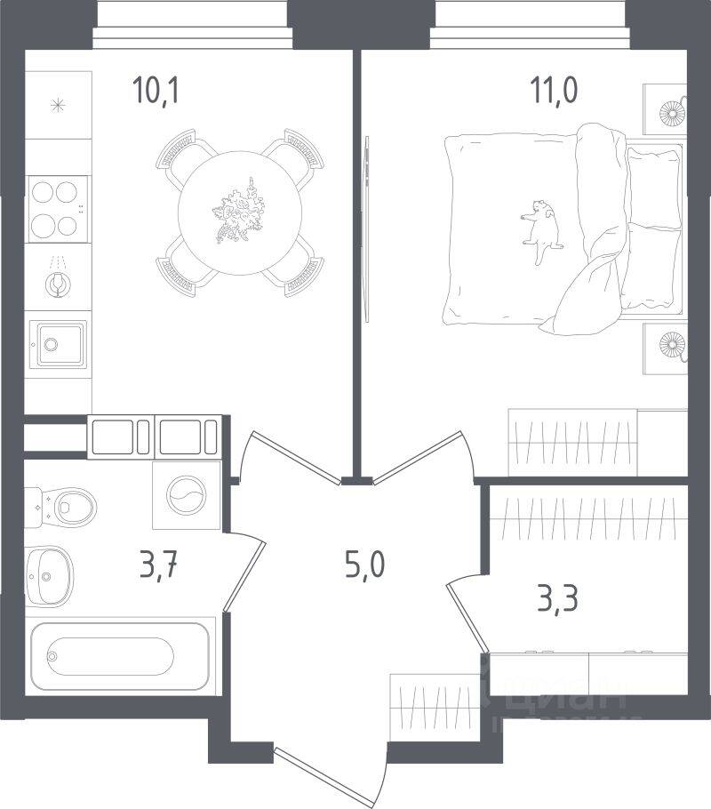 1-комн. квартира, 33,1 м², в ЖК Ольховый Квартал