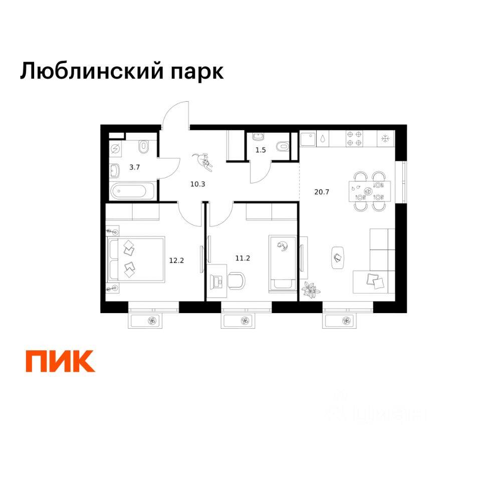 2-комн. квартира, 59,6 м², в ЖК «Люблинский парк»