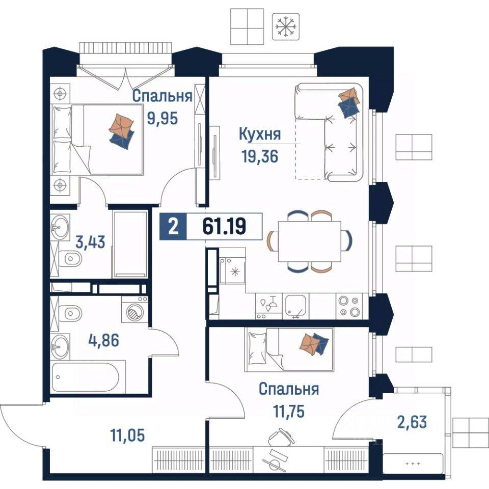 2-комн. квартира, 61,19 м², в ЖК Максималист