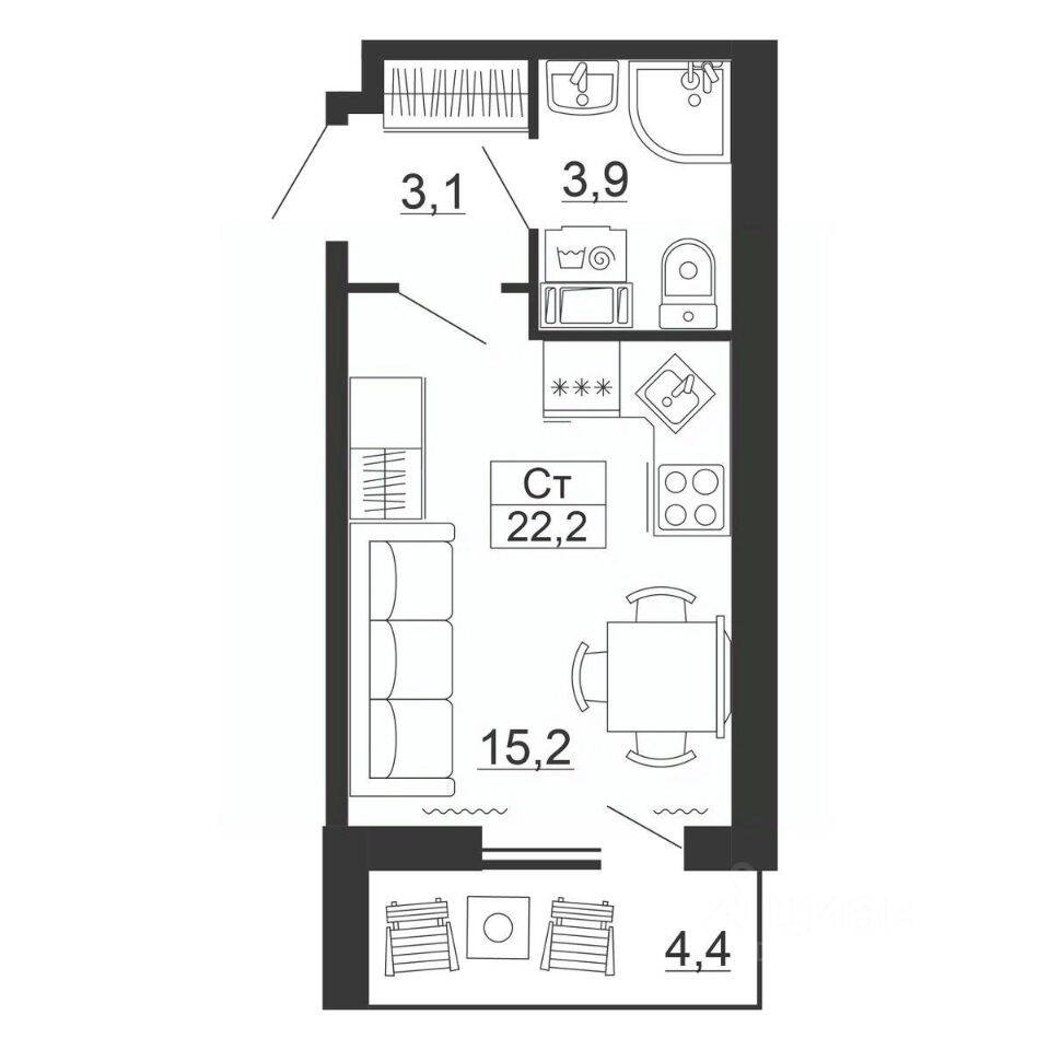 Планировка 1 комнатной квартиры, 22.2 м², в «Рубеж»