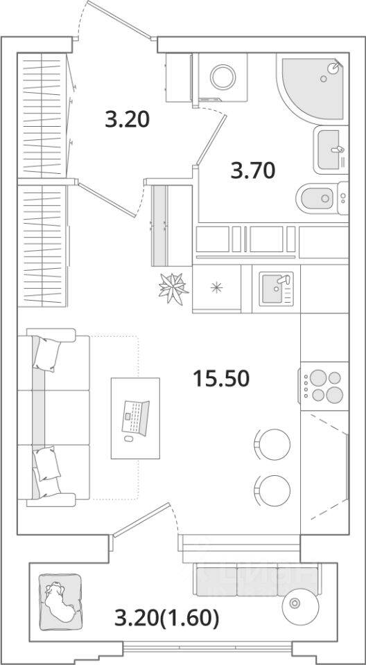 Квартира-студия, 24,2 м², в ЖК Тайм Сквер