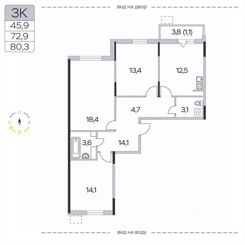 3-комн. квартира, 80,3 м², в ЖК «Пироговская Ривьера»