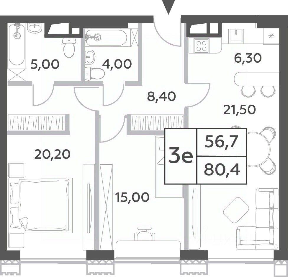 3-комн. квартира, 80,4 м², в ЖК Will Towers
