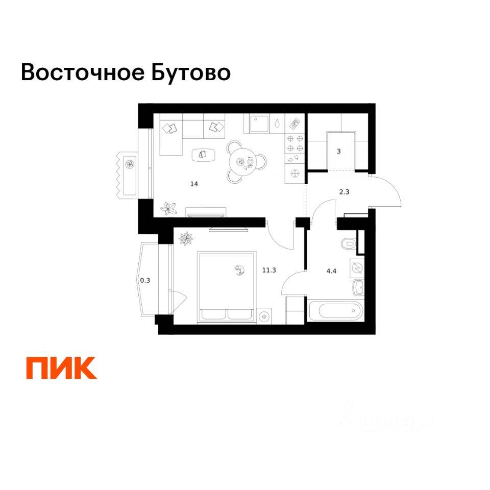1-комн. квартира, 35,3 м², в ЖК «Восточное Бутово»